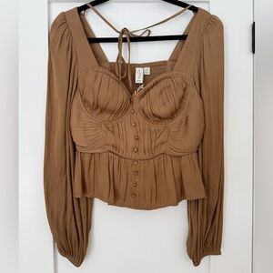 NWT Joie Silk Peplum Bustier Top | Camel | Long Sleeve | Size S